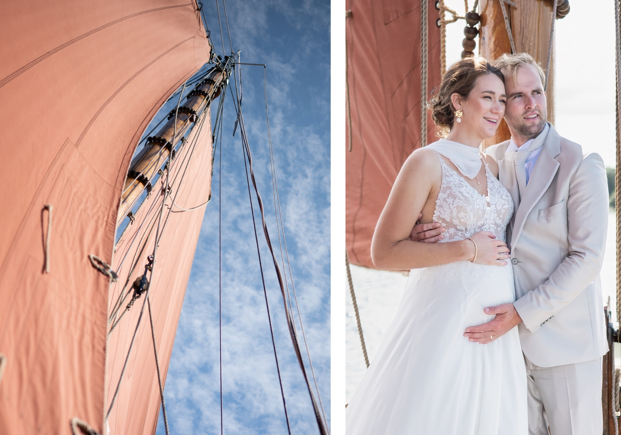 Puur Geluk Fotografie legt een bruidspaar vast aan boord van een klassiek zeilschip, licht en elegant gefotografeerd met een ontspannen, romantische sfeer.